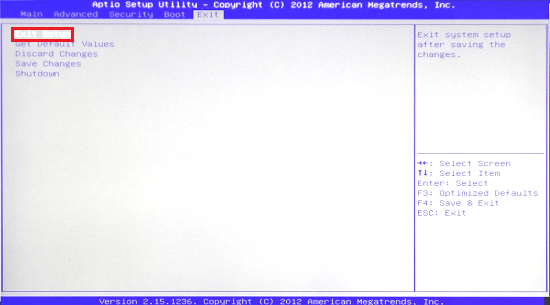 BIOS画面で「Exit Setup」に赤い枠