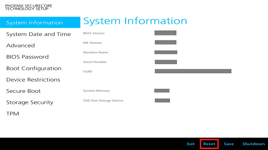 BIOS画面で「Reset」に赤い枠