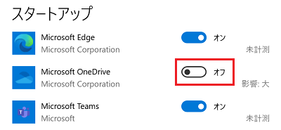 OneDriveの項目のスイッチが赤で囲まれている画像