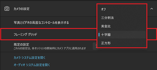 フレーミンググリッド、プルダウンで表示されたメニューが赤く囲われている画像