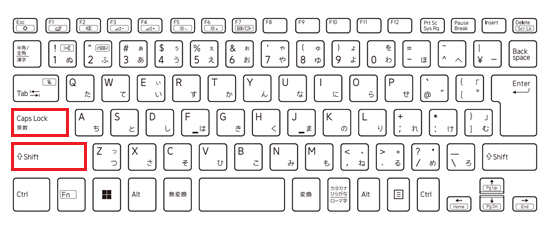 ShiftキーとCaps Lockキーが赤く囲われている画像