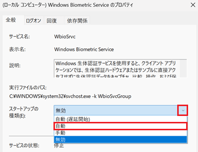 スタートアップの種類の自動が赤く囲われている画像