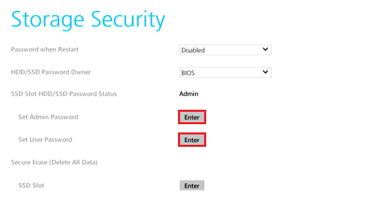 Set Admin PasswordとSet User PasswordのEnterが赤く囲われている画像