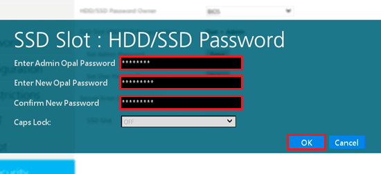 Enter Admin Opal Password、Enter New Opal Password、Confirm New Passwordの入力欄、OKが赤く囲われている画像