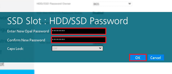 Enter New Opal Password、Confirm New Passwordの入力欄、OKが赤く囲われている画像