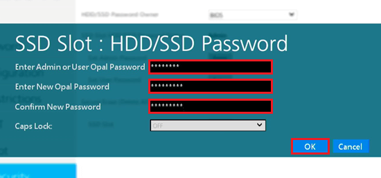 Enter Admin or User Opal Password、Enter New Opal Password、Confirm New Passwordの入力欄、OKが赤く囲われている画像