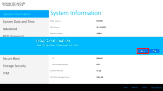 BIOSの「Save configuration changes and exit now?」と表示された画面で「Yes」に赤い枠